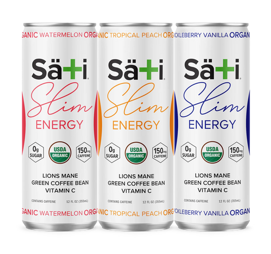 Three cans of Sati Slim Energy drinks with different flavors on a white background.
