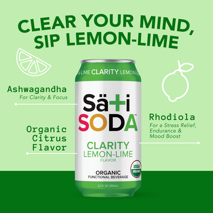 Sati SODA Clarity Lemon-Lime can with green background and text about flavors and benefits.